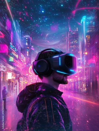 a man with vr headset viewing the future city, the advanced technology 