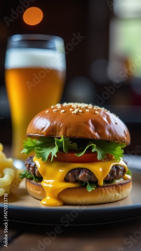Juicy cheeseburger with lettuce and a sesame seed bun, accompanied by a cold beer in a cozy ambience