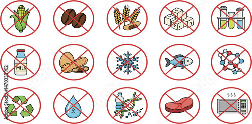 Allergen free badges. No sugar, gluten, lactose, oil free editable stroke thin outline icons set isolated on white background flat vector illustration.