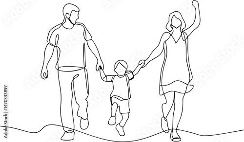 Continuous one line drawing of a happy family walking together, front view of parents with child holding hands in minimalist black sketch style

