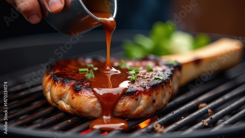 Wallpaper Mural Juicy grilled steak sizzling on a barbecue with rich sauce being poured over, capturing the essence of outdoor cooking Torontodigital.ca