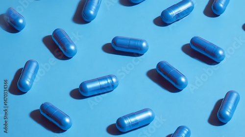 Ultra quality image of blue capsules lying on a blue background creating a healthcare pattern.