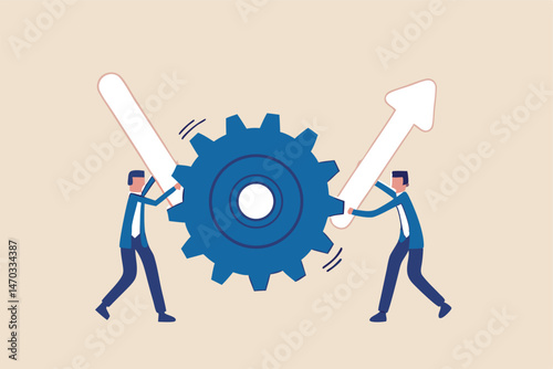 Business transformation or improvement, execution workflow to increase productivity and efficiency, investment profit concept, businessman partner help rotate gear cogwheel to make arrow rising up.
