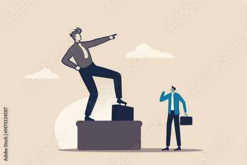 Ego, self important or self esteem, too much proud of yourself or overconfident, success or leadership history concept, businessman looking at his self success statue thinking of own Ego.