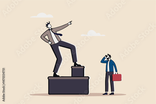 Ego, self important or self esteem, too much proud of yourself or overconfident, success or leadership history concept, businessman looking at his self success statue thinking of own Ego.