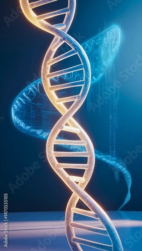 3D Render of Glowing Blue DNA Helix Holographic Scientific Futuristic Biotech Visualization