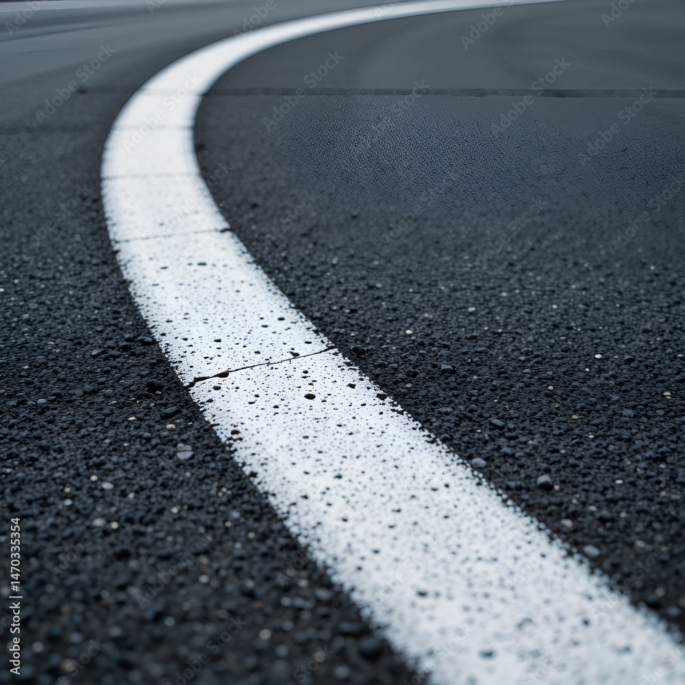 Fototapeta premium CloseUp of a Curved Road Marking with White Lines on Asphalt Ideal for Transportation and Urb