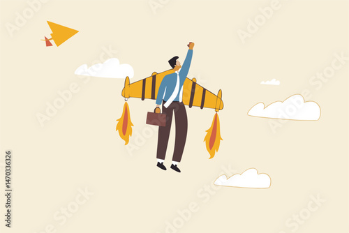 Ambition or aspiration to success in work, career growth or boost business development, entrepreneur launch new startup project concept, happy businessman flying high with jetpack rocket booster.