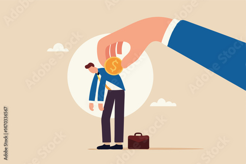 Bonus, benefit or incentive program to motivate exhausted employee, money or salary raising, support or reward for hard work concept, employer hand put coin to motivate businessman office employee.