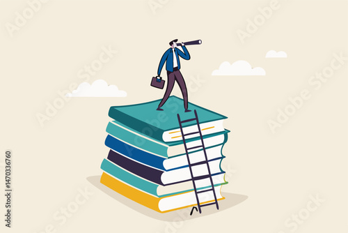 Business skills for career opportunity, knowledge or education for future job, challenge and personal improvement, reading list concept, businessman climb up ladder on books stack for good vision.