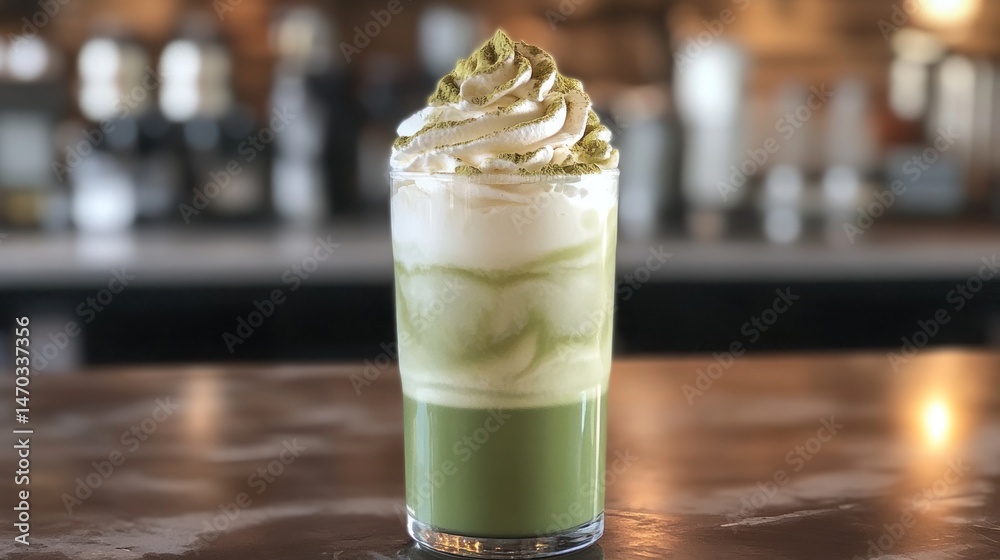 Refreshing matcha iced drink with whipped cream Refreshing matcha iced drink with whipped cream