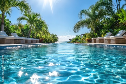 Luxurious Resort Pool Area Featuring Sparkling Water and Comfortable Sun Loungers Surrounded by Lush Greenery in a Tranquil Setting