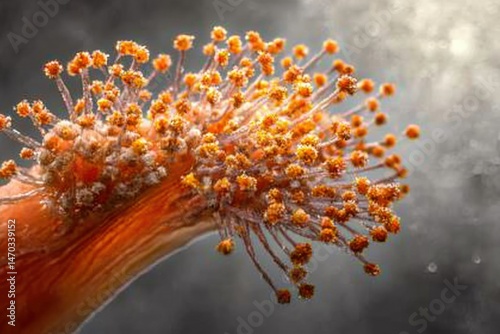 Microscopic close-up of a vibrant orange fungus, showcasing intricate details and spore-bearing structures. photo