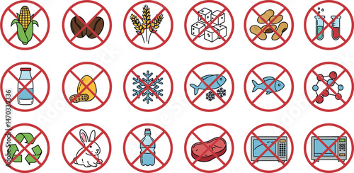 Allergen free badges. No sugar, gluten, lactose, oil free editable stroke thin outline icons set isolated on white background flat vector illustration.