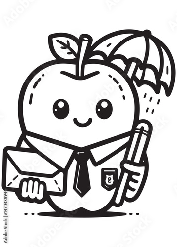 Coloring book apple dressed as a postman, holding a letter and a pen under a small umbrella with raindrops