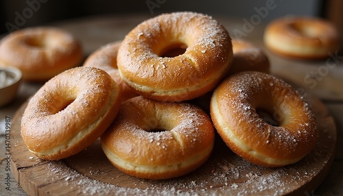 pile of freshly baked donuts dusted with sugar on a rustic wooden plate creating a tempting display of sweet treats, perfect for breakfast or a snack, ideal for food lover