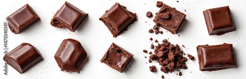 Dark chocolate pieces, cut out on white background. Square chocolate chunks, broken pieces, shavings. Sweet dessert treat cocoa baking ingredient, luxury snack.