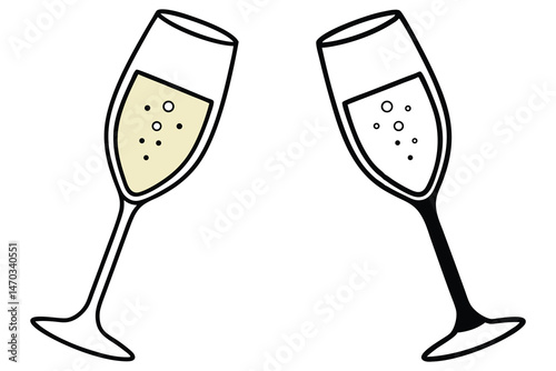Two simplistic line art champagne flutes are filled with sparkling bubbles and drink