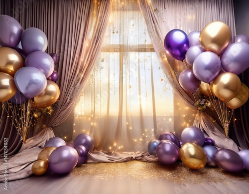 Festive Birthday Party Decorations Purple and Gold Balloons near Window with Sheer Curtains