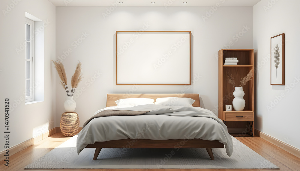 bedroom frame mockup, gallery frame mockup, Diffused lighting. White tone bedroom frame mockup, gallery frame mockup, Diffused lighting. White tone