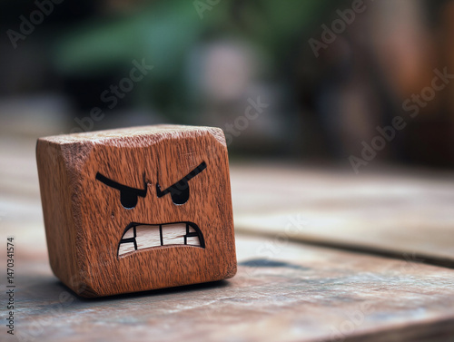 an angry little wooden cube. emoji face