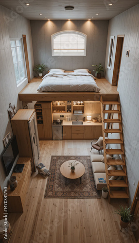 A duplex room in wooden interior with two levels bedroom upstair and living room and kitchen downstair.