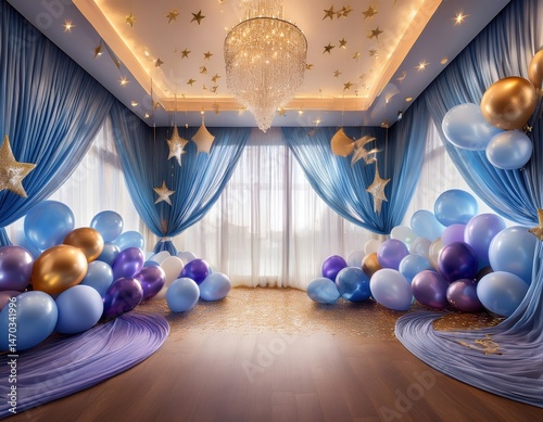Festive Party Room Decor with Blue and Gold Balloons Elegant Curtains Star Decorations