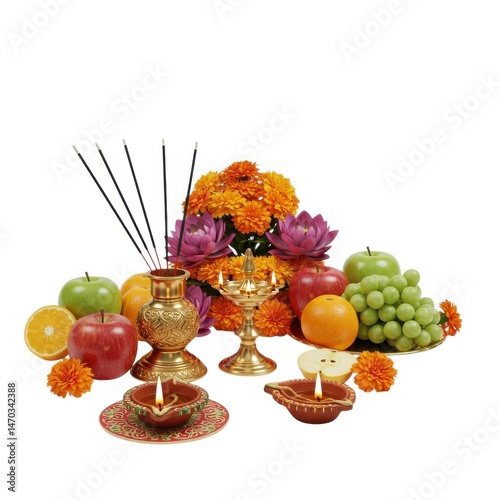 Diwali puja arrangement isolated on white background