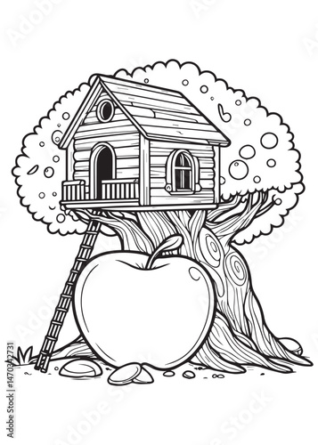 Coloring book tree house on a tree with a big apple in front