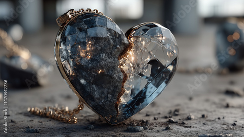 Abstract broken heart keychain made of glass, dark blue and black tones