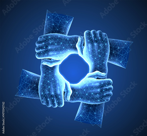 Digital team hands concept. Together network, unity support, community connect.