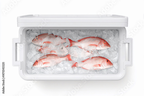 Fresh red snapper on ice in a cooler ready for cooking or sale in a culinary setting