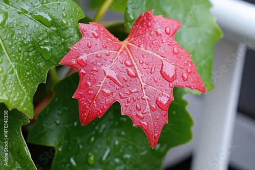 Close-up of a vibrant red leaf covered in water droplets, amidst lush green foliage photo
