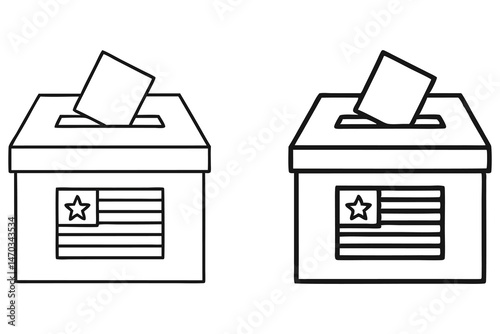 Outline of paper slips being inserted into ballot boxes decorated with United States flag
