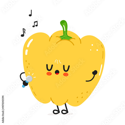 This charming Yellow Bell Pepper character is joyfully singing with a microphone and musical notes.