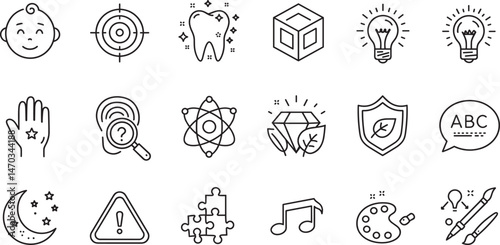 Baby toddler toys features. Teething relief, fine motor skills, hand eye coordination editable stroke outline icons set isolated on white background flat vector illustration.