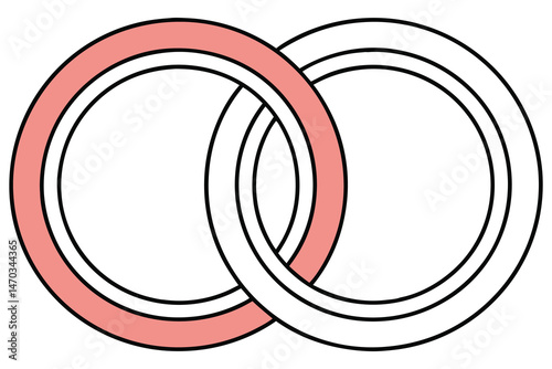 Two linked rings one coralcolored ring intersects the other white ring on a white background