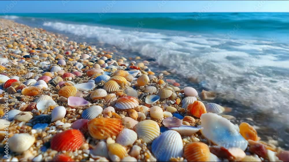 Coastal landscape of seashells on sandy beach edge meets turquoise ocean waves on sunny day