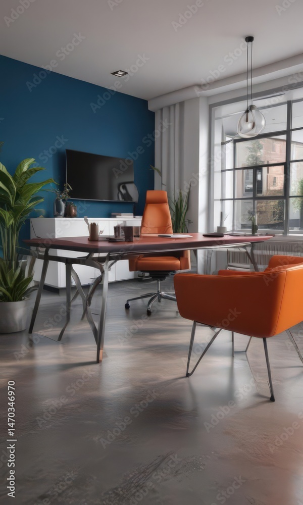 Fototapeta premium Stylish office with bold colors & sleek furniture , ambition, plants