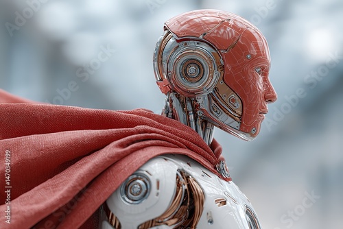 A humanoid AI agent robot with a superhero cape represents agentic autonomy and the potential automation of labor by autonomous technology. Generative Ai