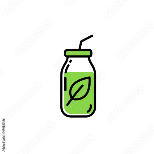 Green Juice in Bottle with Leaf Design  