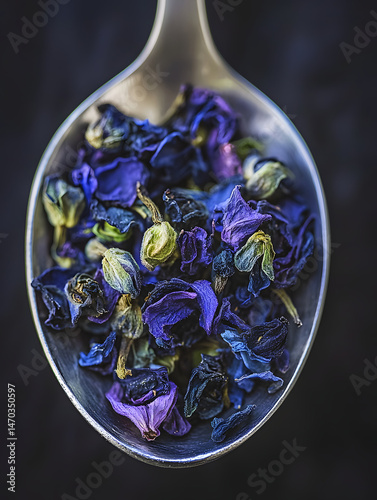 Close-up Studio Shot of a Silver Spoon with Dried Butterfly Pea Flower Buds and Petals