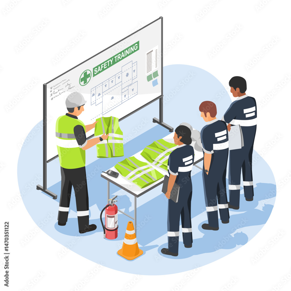 Industrial safety instructor demonstrating high visibility vests to factory workers during a safety training session with equipment and emergency procedures cartoon Industrial safety instructor demonstrating high visibility vests to factory workers during a safety training session with equipment and emergency procedures cartoon