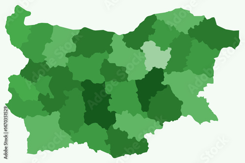 Map of Bulgaria with regions. Just a simple country border map with region division. Green color palette. Flat Republic of Bulgaria shape with administrative division. Vector illustration.