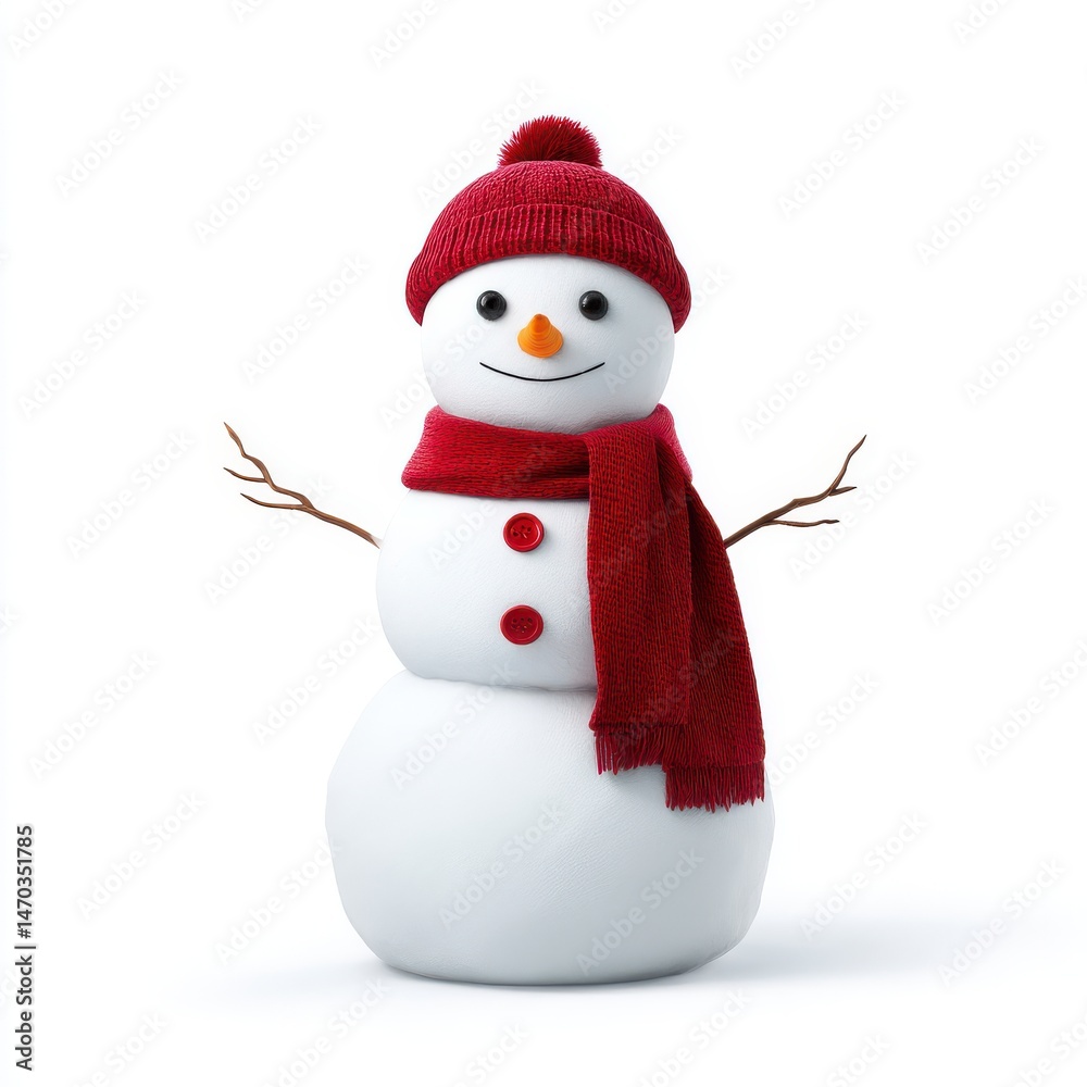 Fototapeta premium Cute snowman with red hat and scarf isolated on white background