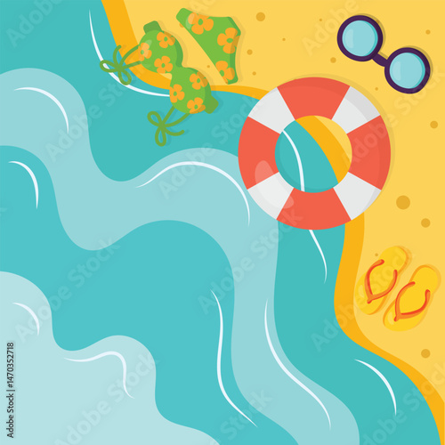 Beach top view summer flatlay