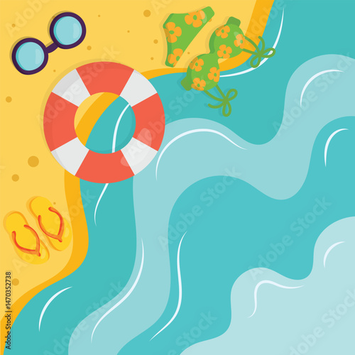 Beach top view summer flatlay