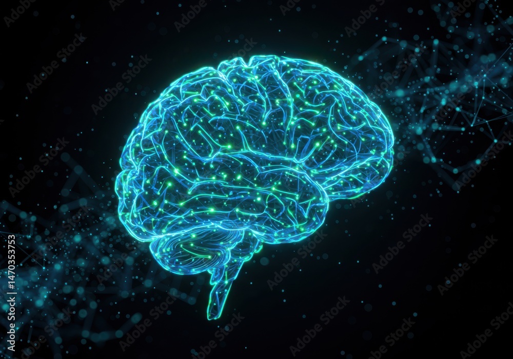 Fototapeta premium Glowing brain model representing intelligence and neural network, with dark background