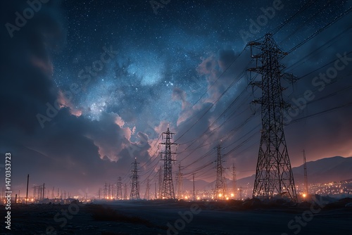 3D digital visualization of electricity along with a 3D render of power transmission lines. Amazing views of a night sky teeming with brilliant stars. Generative Ai