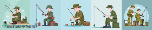 a set of vector characters of fishing soldiers